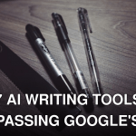 A close-up of pens and a ruler on a dark wooden desk surface, perfect for office themes.