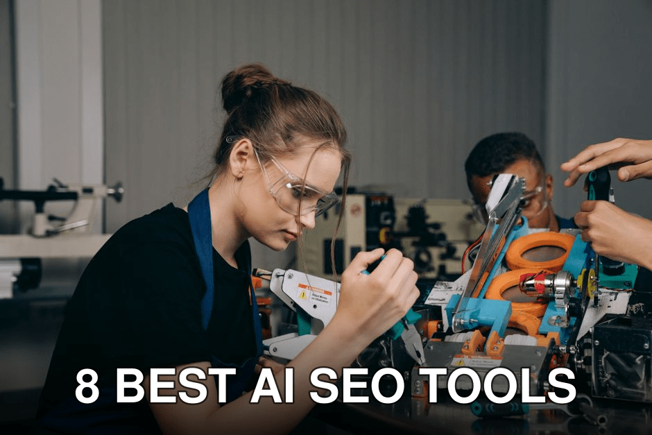 Female engineer in a workshop assembling robots with precision tools and safety gear.