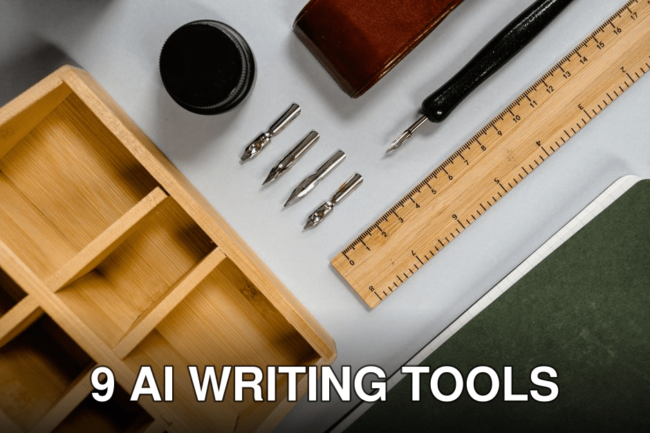 Flat lay of vintage stationery including ink, pen nibs, and a wooden ruler on a desk.