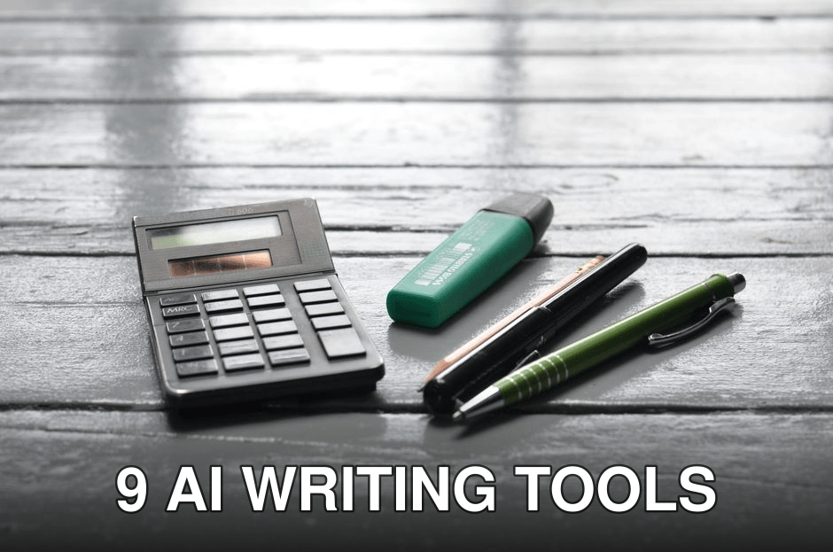 High angle of small electronic calculator green marker and pens on wooden table in office