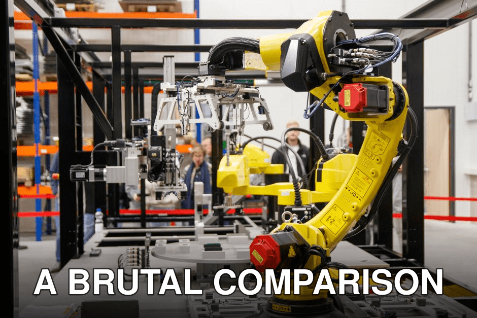Close-up of a yellow industrial robotic arm in action at a modern manufacturing facility.