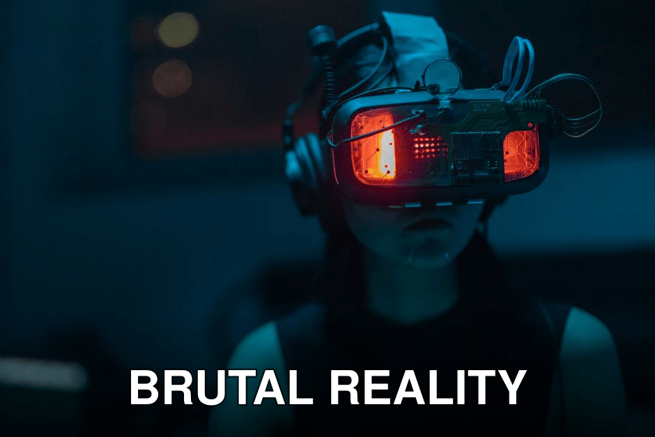 A woman immersed in a virtual reality experience with a high-tech VR headset in a dimly lit room.