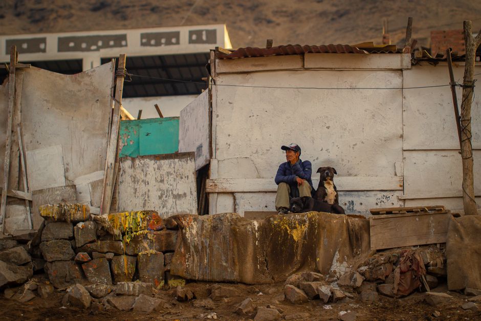 A man and his dog sitting outside a deteriorating building with a rustic urban backdrop.