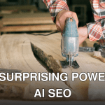 Close-up of a carpenter cutting a wooden plank with a power tool in a workshop.