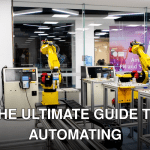 Robotic arms in action within a modern industrial control room setting, showcasing technology and production.