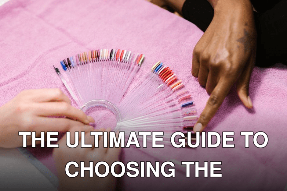 Hands selecting nail polish shades on color palette at salon. Manicure selection process.